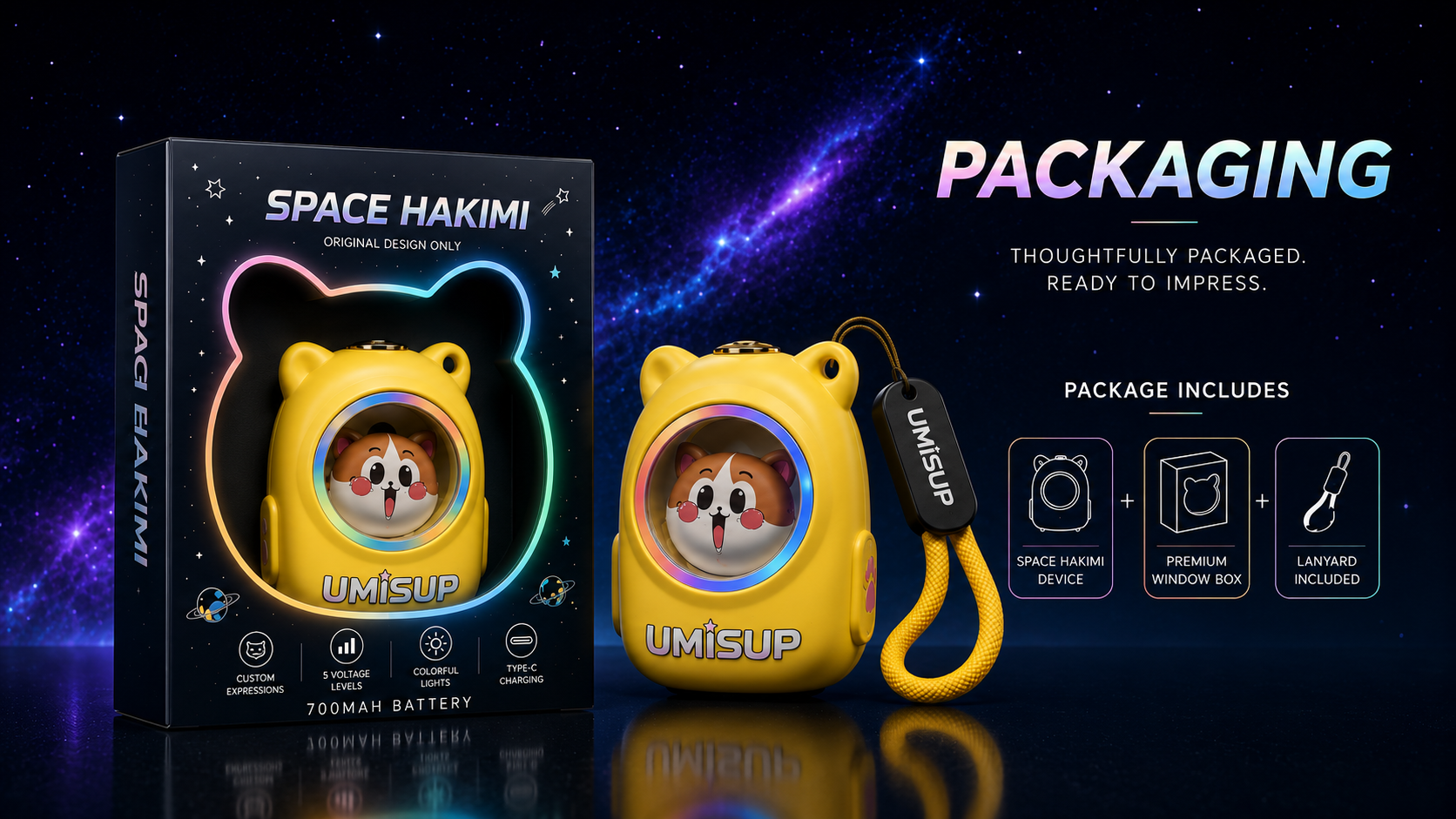Space Hakimi packaging and included lanyard